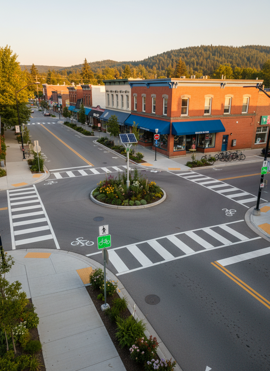 An elevated, photographic view of a small Nelson intersection redesigned for active transportation, with clearly painted crosswalks, a protected bike lane separated by low concrete curbs, and a compact traffic circle landscaped with native plants. Bright, reflective signage and tactile paving at curb ramps emphasize accessibility. In the distance, characteristic Nelson heritage buildings with brick and colorful facades line the street beneath forested hills. Early evening golden-hour light bathes the scene, creating warm highlights on the pavement and soft shadows from planters and light poles. The composition follows the rule of thirds, with crisp detail across the frame, conveying a professional, forward-looking mood that showcases how streets can prioritize walking and cycling without featuring any human figures.