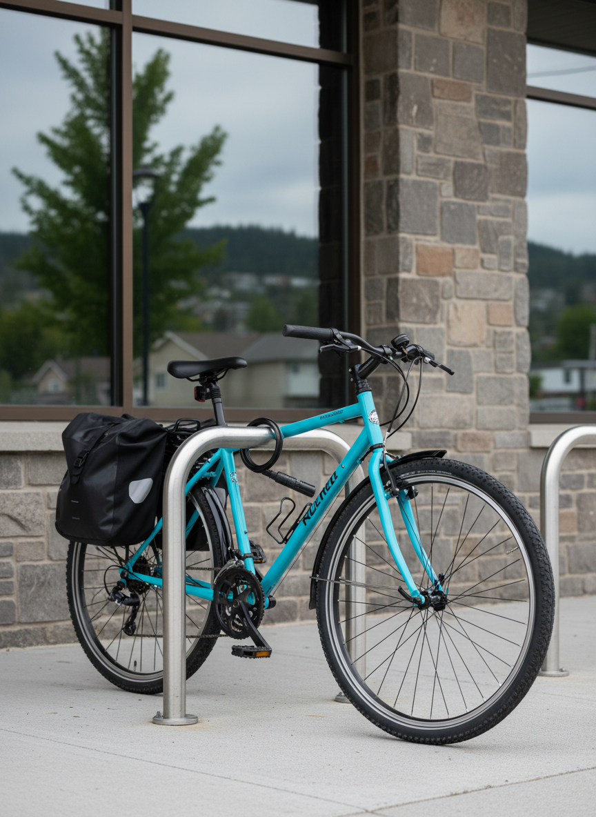 A close-up, photographic view of a bright turquoise commuter bicycle locked to a modern brushed-steel bike rack outside a small-town civic building in Nelson. The bike’s frame is clean and slightly reflective, with a weatherproof pannier, sturdy fenders, and wide, grippy tires. Behind it, the building’s stone façade and large glass windows subtly reflect nearby trees and a faint outline of Nelson’s hillside homes. Overcast daylight provides soft, even illumination with minimal shadows, creating a calm, trustworthy atmosphere. Captured at a slightly low angle, using shallow depth of field so the bike is in crisp focus while the background fades into a gentle blur, giving a professional, documentary feel that highlights everyday, practical cycling as community transportation.